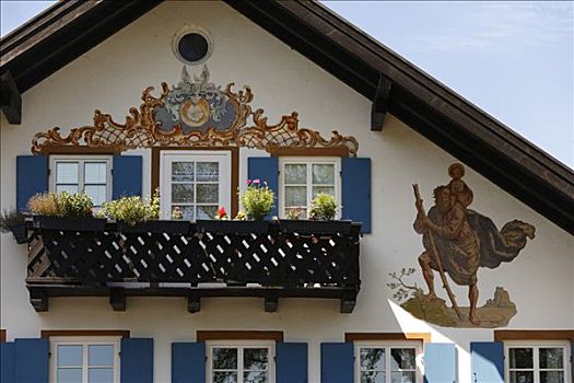 住宅,壁画,湖,上巴伐利亚,德国,欧洲