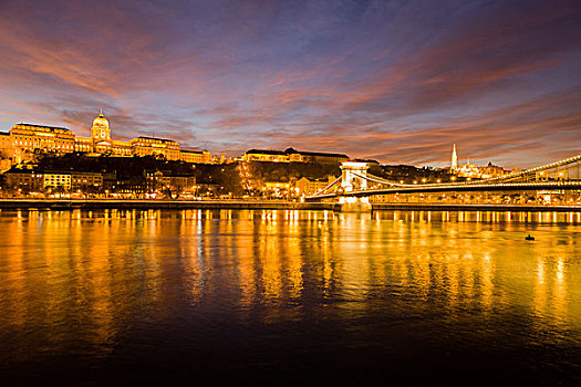 城堡,链索桥,夜景,多瑙河,环境,布达佩斯,匈牙利