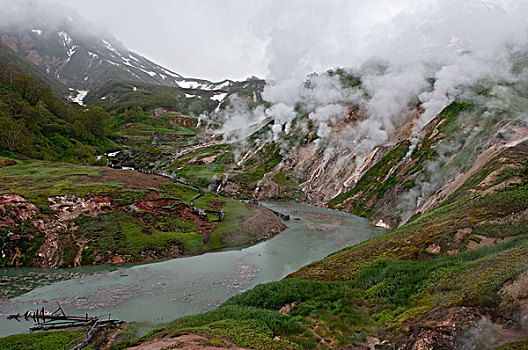 蒸汽,间歇泉,河,山谷,堪察加半岛,俄罗斯