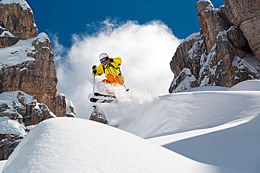 滑雪,跳跃,初雪,框架,岩石,顶峰,五塔峰,白云岩,威尼托,意大利,欧洲