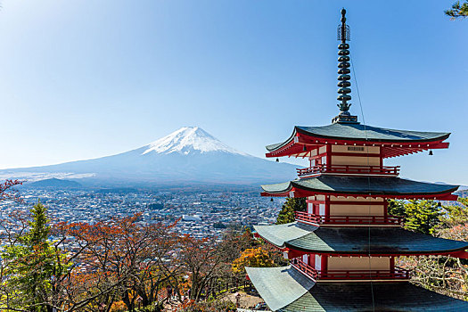 山,富士山,后视图,塔
