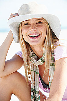 年轻,金发女郎,海滩,戴着,夏天,帽子,围巾,粉色,t恤
