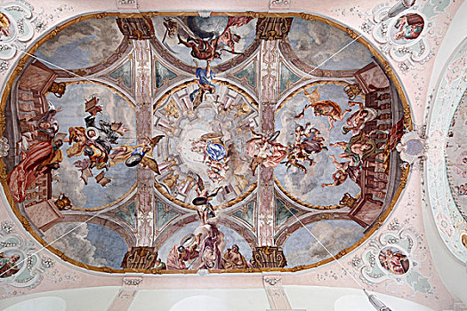 天花板,壁画,朝拜,教堂,玛丽亚,上巴伐利亚,巴伐利亚,德国,欧洲