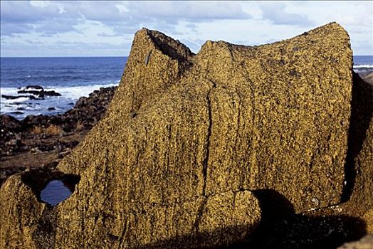 形态,凿,复活节岛石像,石头,头部,一个,南方,海岸,靠近,拉诺拉拉库,水,收集