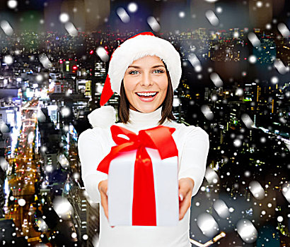 圣诞节,冬天,高兴,休假,人,概念,微笑,女人,圣诞老人,帽子,礼盒,上方,雪,城市,背景