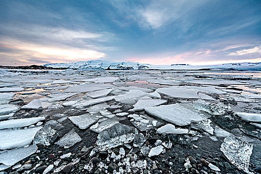浮冰,冰河,杰古沙龙湖,泻湖,湖,日落,南方,边缘,瓦特纳冰川,东南部,冰岛