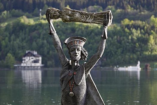 雕塑,看,湖,卡林西亚,奥地利,欧洲