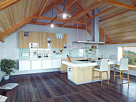 现代,厨房,室内,岛屿,阁楼,设计,概念