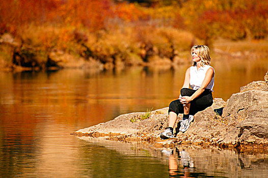 坐,女人,景色,水塘