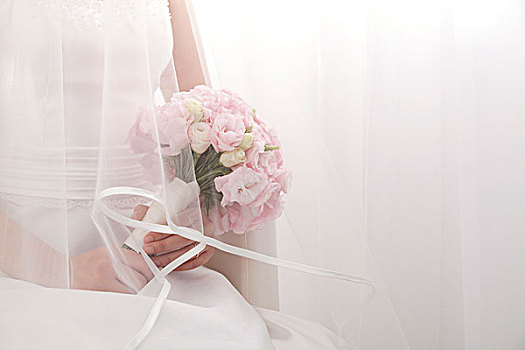 新娘,拿着,粉色,玫瑰,系,带