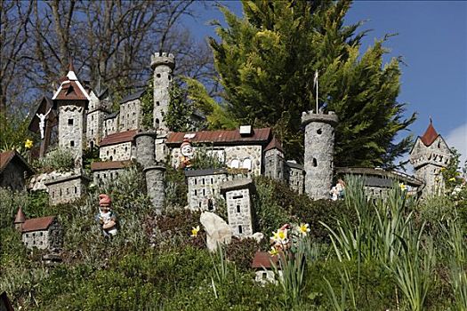 花园小矮人,模型,城堡,花园,上奥地利州,奥地利,欧洲