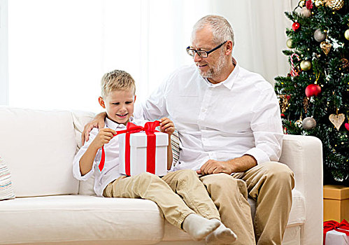 家庭,休假,圣诞节,人,概念,微笑,爷爷,孙子,礼盒,坐,沙发,在家