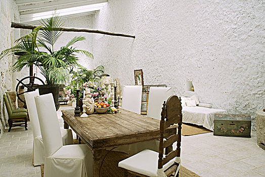 乡村,木桌子,椅子,白色,地中海,凉廊