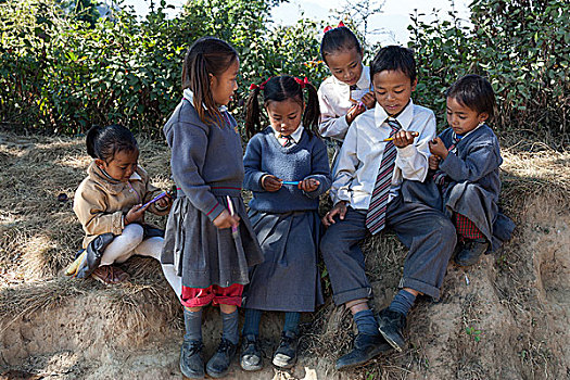 尼泊尔人,孩子,学童,校服,笔,靠近,尼泊尔,亚洲