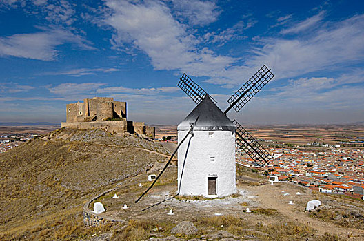 风车,西班牙绅士,城堡,12世纪,康斯艾格拉,托莱多省,路线,堂吉诃德,西班牙,欧洲