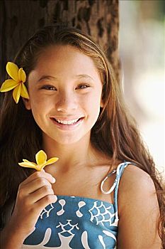 孩子,夏威夷,女孩,拿着,花