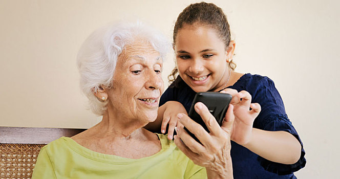 女孩,祖母,打手机,科技