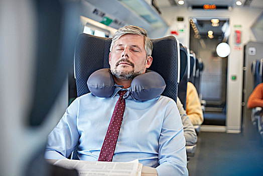疲倦,商务人士,颈部,枕头,睡觉,客运列车