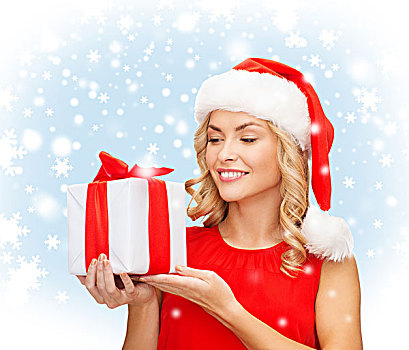 圣诞节,圣诞,冬天,高兴,概念,微笑,女人,圣诞老人,帽子,礼盒