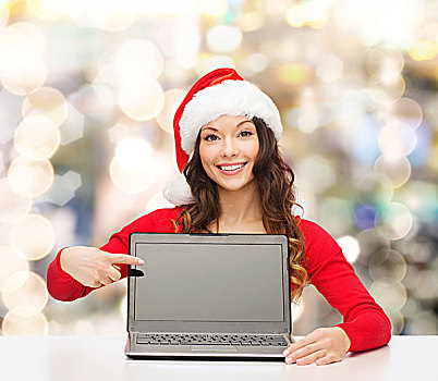 圣诞节,休假,科技,广告,人,概念,微笑,女人,圣诞老人,帽子,手指,留白,笔记本电脑,显示屏,上方,背景