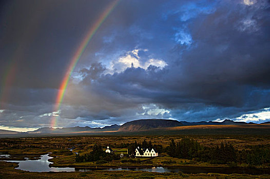 彩虹,上方,教堂,金色,圆,南方,冰岛,欧洲