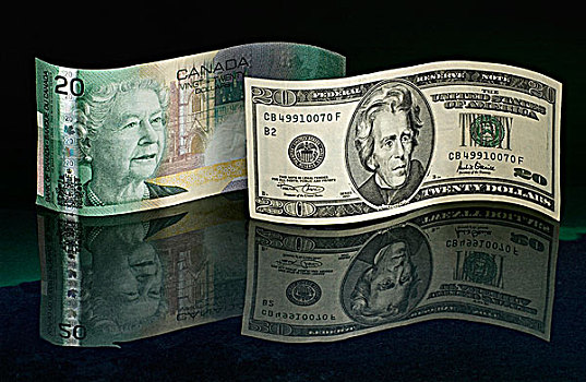 加拿大货币,美元,倒影