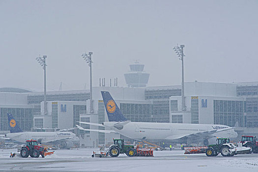 雪,冬天,拖拉机,飞机,控制塔,东方,围裙,慕尼黑机场,巴伐利亚,德国,欧洲