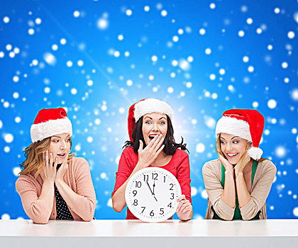 圣诞节,冬天,休假,时间,人,概念,微笑,女人,圣诞老人,帽子,钟表,上方,蓝色,雪,背景