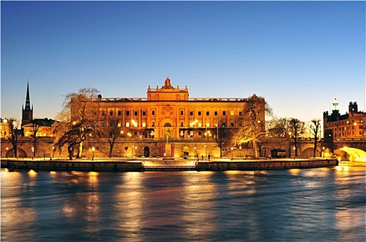 夜晚,风景,皇宫,老城,格姆拉斯坦,斯德哥尔摩,瑞典