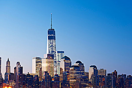 城市天际线,黎明,一个,世界贸易中心,下曼哈顿,纽约,美国