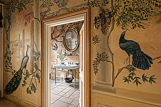 传统,壁画,鸟,植物,浴室
