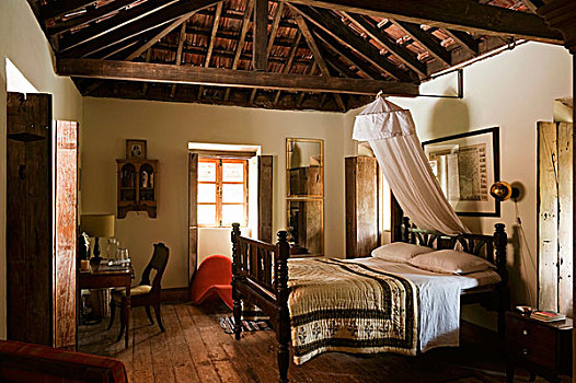 双人床,传统,卧室,印度,住房,展示,木质,屋顶,建筑