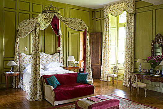 豪华,四柱床,木,卧室,涂绘,绿色,粉色,座椅,家具