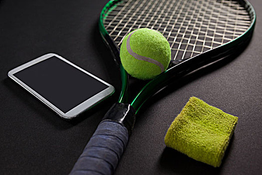 俯拍,手机,网球器具,黑色背景,背景