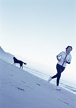 成年,女人,跑,海滩,狗,背景