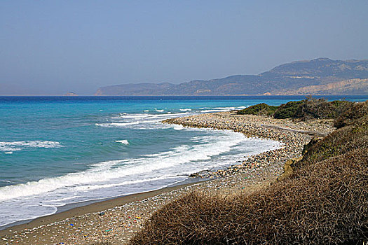 希腊,罗德岛,西海岸,海滩,海浪,爱琴海,沿岸地区,海岸,砾石滩,无人,叶子,安静,孤单,象征,目的地,度假,暑假,旅游,概念