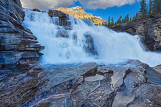 仰视,瀑布,阿萨巴斯卡瀑布,碧玉国家公园,艾伯塔省,加拿大