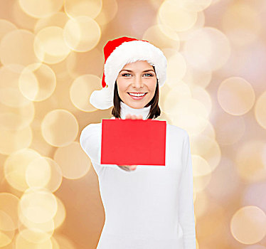 圣诞节,人,广告,销售,概念,高兴,女人,圣诞老人,帽子,留白,红牌,上方,米色,背景