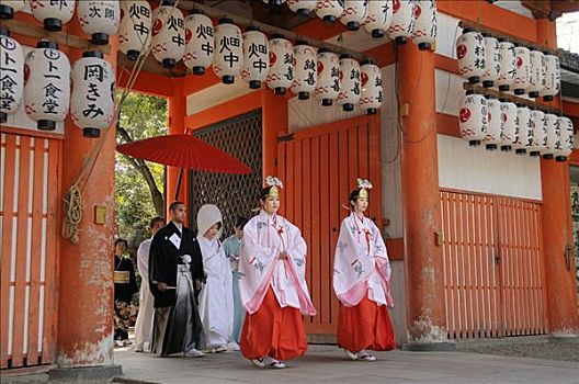 新娘,队列,日本神道,婚礼,走,神祠,大门,进入,京都,日本,亚洲