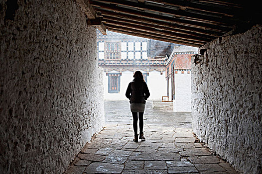 女人,走,石头,走廊,宗派寺院,地区,不丹