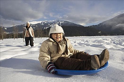 母女,雪橇运动,不列颠哥伦比亚省,加拿大