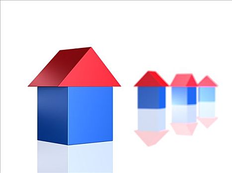 积木,四个,蓝色,房子,红色,屋顶,3d,抠像
