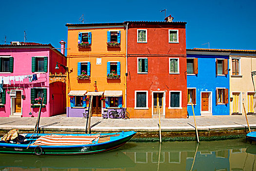 彩色,连栋房屋,运河,布拉诺岛,威尼斯,威尼托,意大利