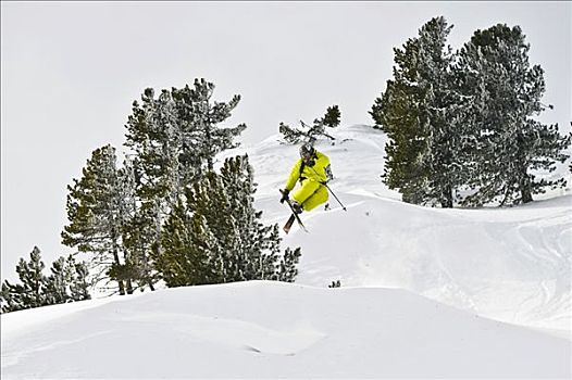 大雪,滑雪者,自由滑行者,跳跃,尾部,抓,上方,雪堆