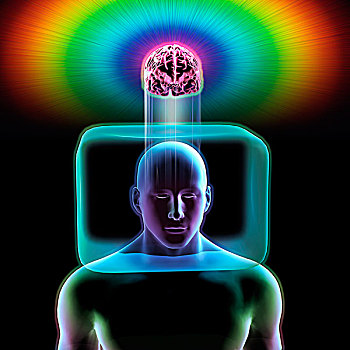 蓝色,男人,头部,室内,盒子,大脑,户外,鲜明,彩虹,发光