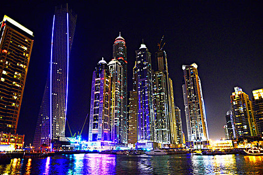 阿联酋,迪拜,码头,摩天大楼,夜晚