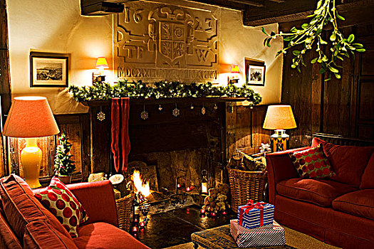 农场,雪墩山,北威尔士,起居室,传统,农舍,装饰,圣诞节
