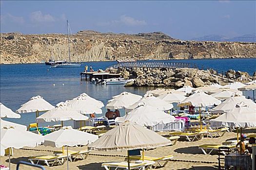 沙滩伞,海滩,林都斯,罗得斯,多德卡尼斯群岛,希腊