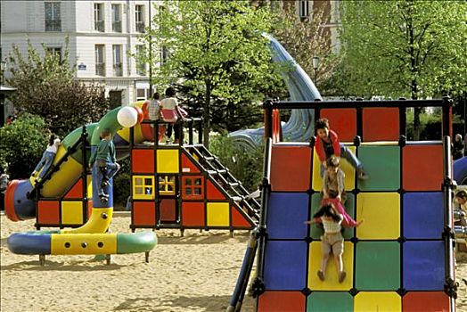 法国,巴黎,郡,公众广场,三个孩子,色彩,滑动