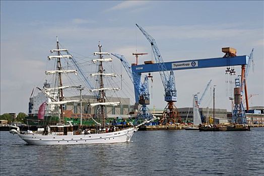 传统,帆船,正面,起重机,基尔,峡湾,星期,2008年,石荷州,德国,欧洲